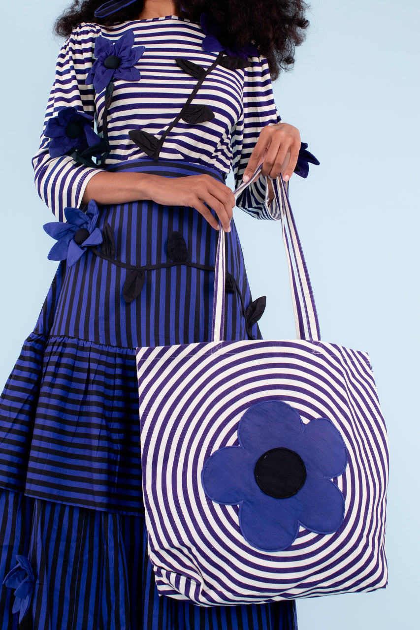 Flower Vortex Tote - Indigo/Ivory Stripe