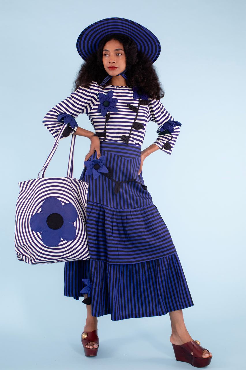 Flower Vortex Tote - Indigo/Ivory Stripe