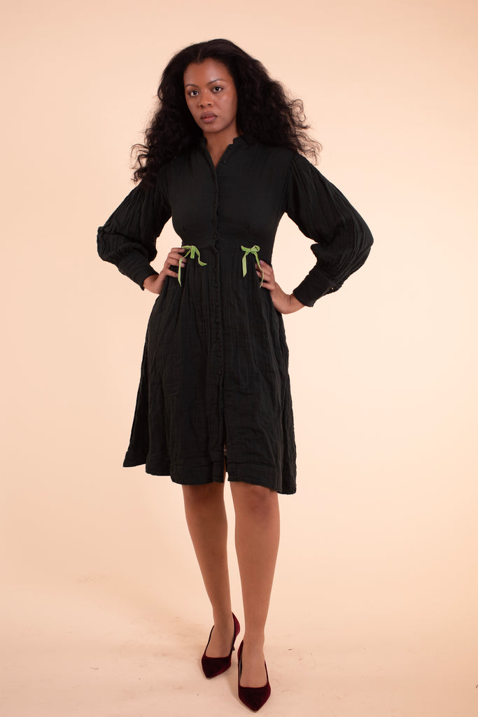 Helen Dress - HKM - Black with Green Bows